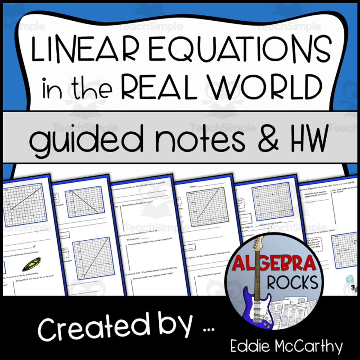 An educational teaching resource from Eddie McCarthy entitled Linear Equation Word Problems – Notes + Homework downloadable at Teach Simple.