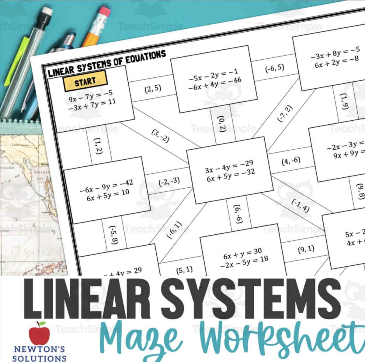 An educational teaching resource from Newtons Solutions entitled Linear System of Equations Maze Worksheet downloadable at Teach Simple.