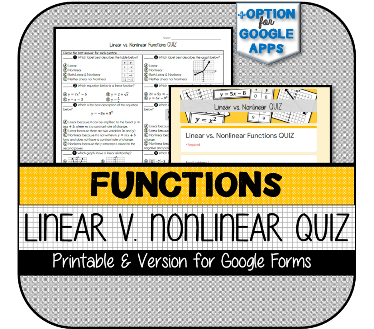 An educational teaching resource from The Math Cafe entitled Linear vs. Nonlinear Functions QUIZ downloadable at Teach Simple.