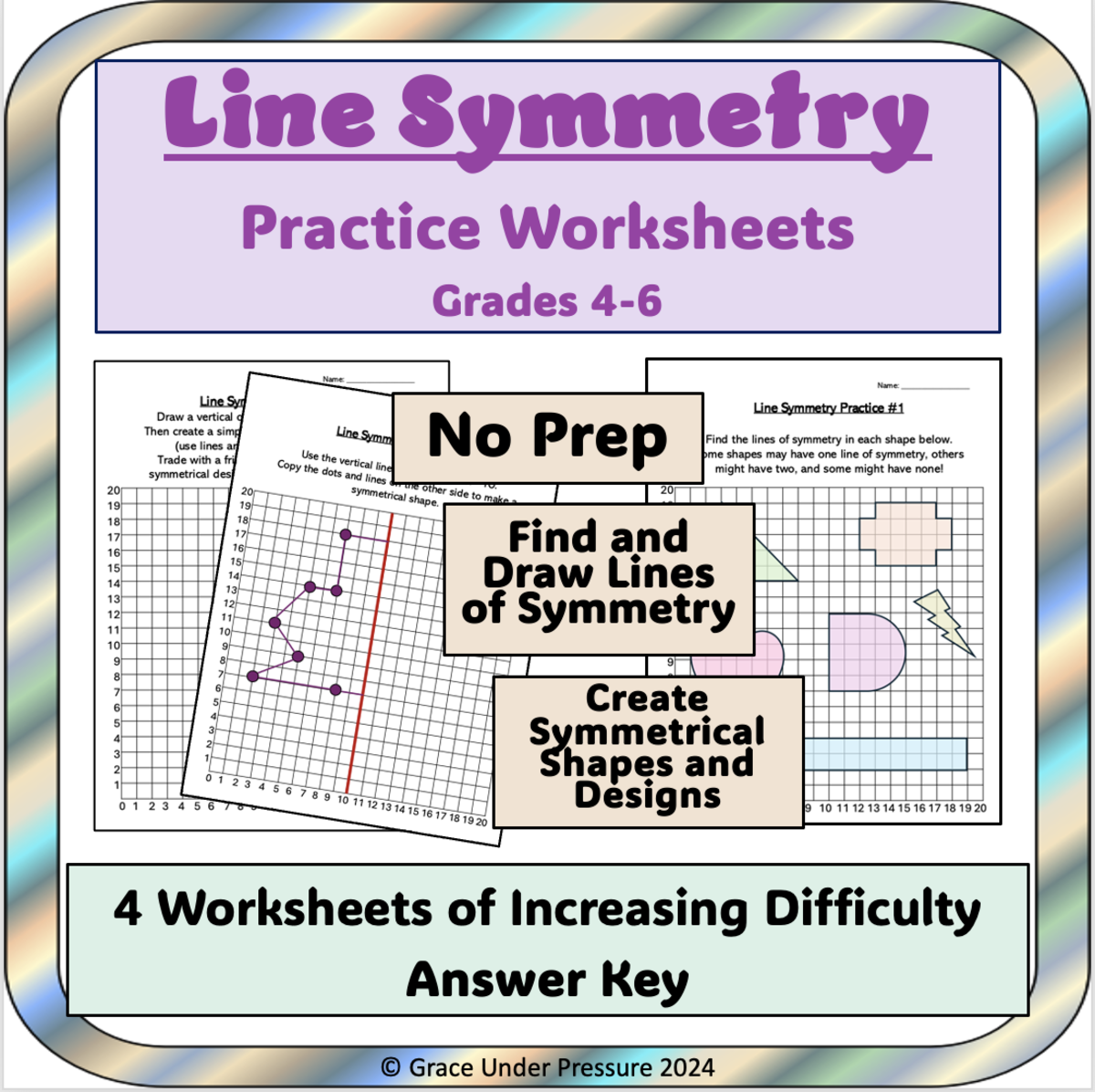 An educational teaching resource from Grace Under Pressure entitled Lines of Symmetry Worksheets: Finding Symmetry in Polygons on Grids downloadable at Teach Simple.