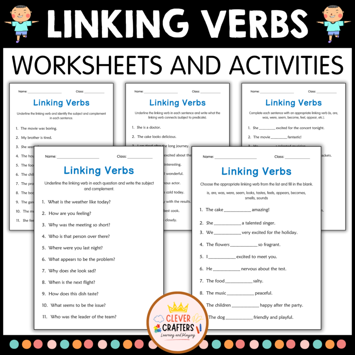 An educational teaching resource from Clever Crafters entitled Linking Verbs Grammar Worksheet - Linking Verbs Activities for Grade 1 downloadable at Teach Simple.