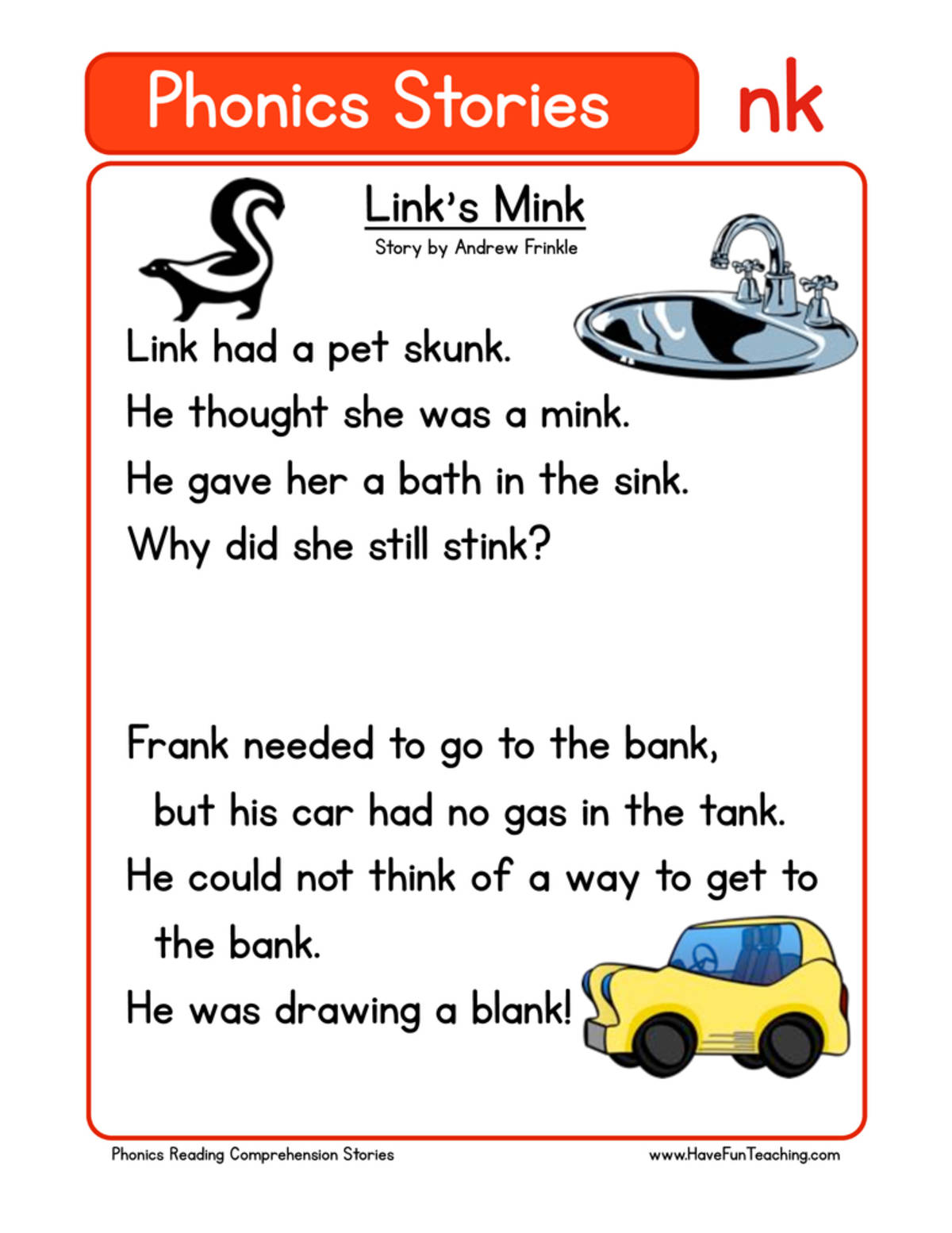 An educational teaching resource from Have Fun Teaching entitled Link's Mink NK Phonics Stories Reading Comprehension Worksheet downloadable at Teach Simple.