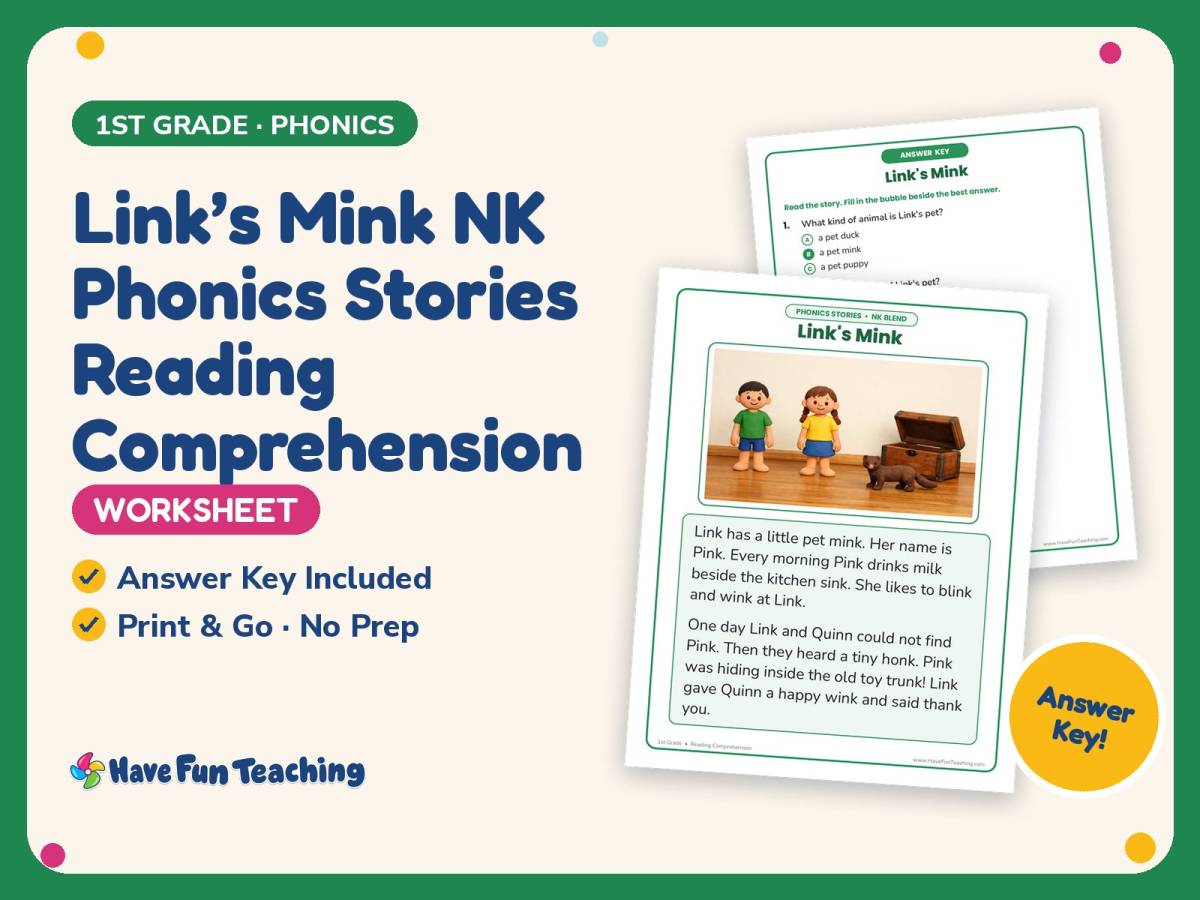 Link’s Mink NK Phonics Stories Reading Worksheet – 1st Grade Blends preview