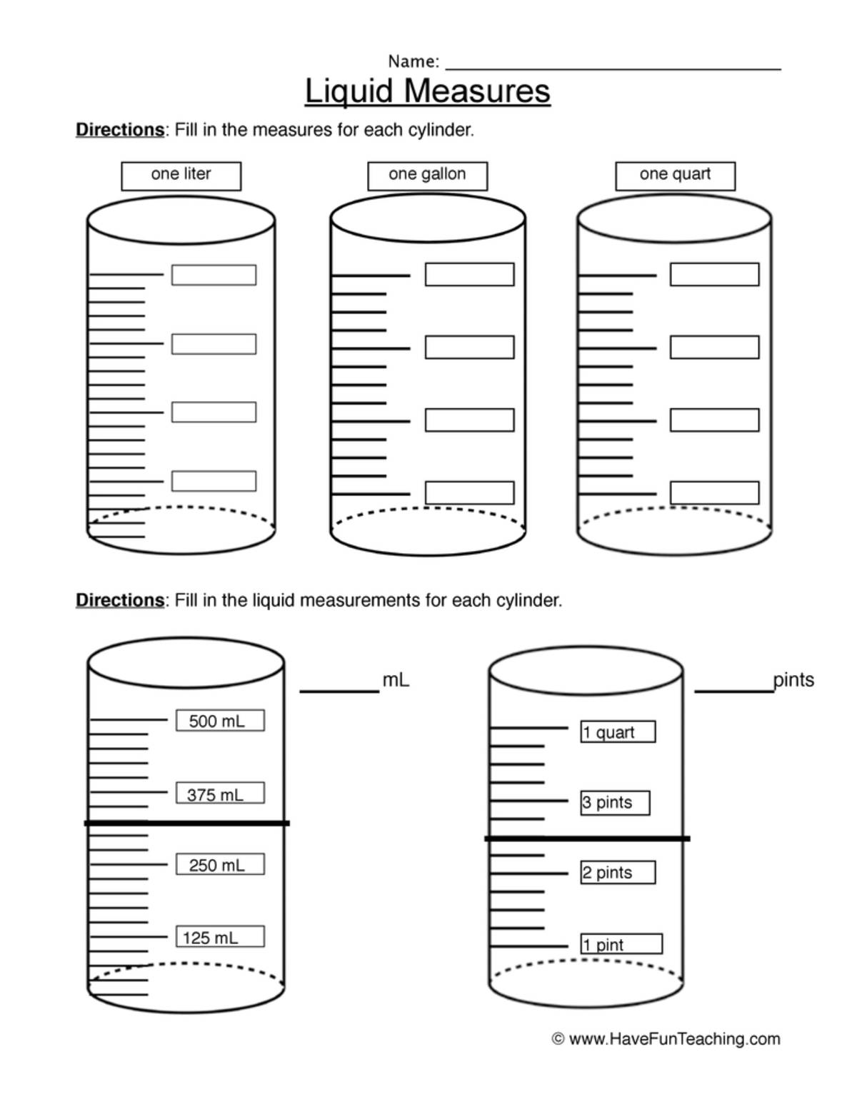 An educational teaching resource from Have Fun Teaching entitled Liquid Measures Worksheet downloadable at Teach Simple.