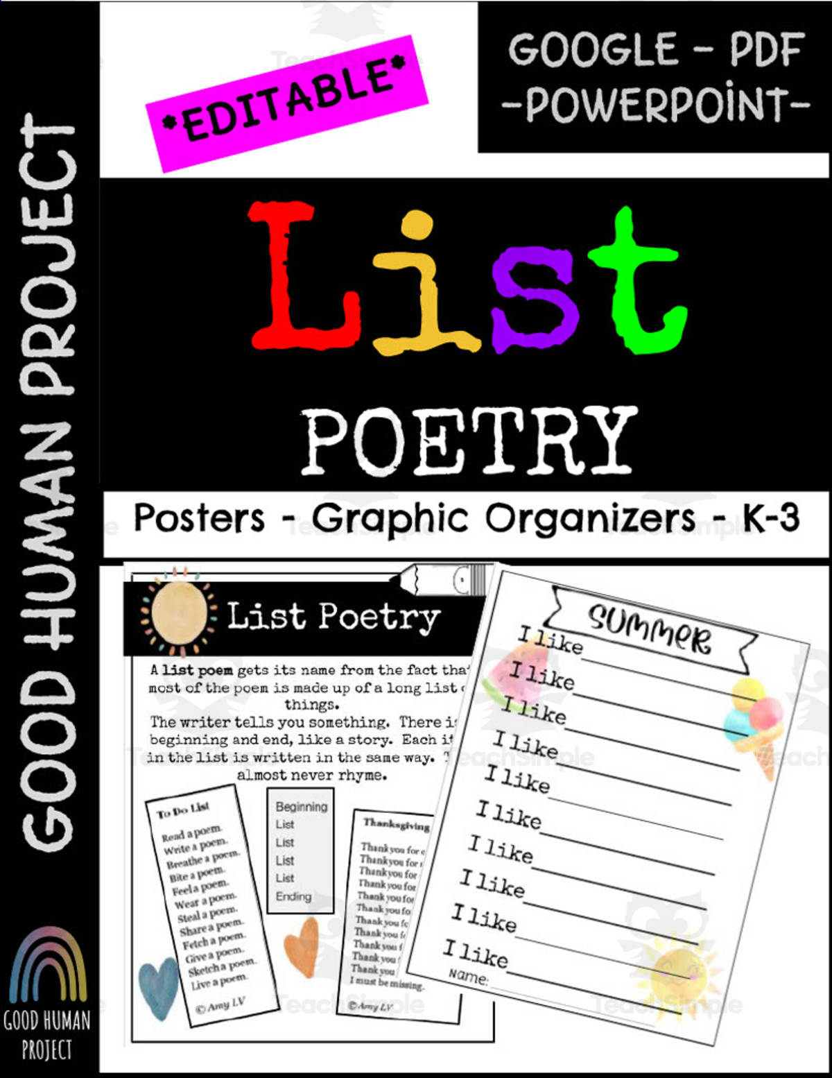 An educational teaching resource from Good Human Project entitled List Poetry Writing | Posters & Graphic Organizers downloadable at Teach Simple.