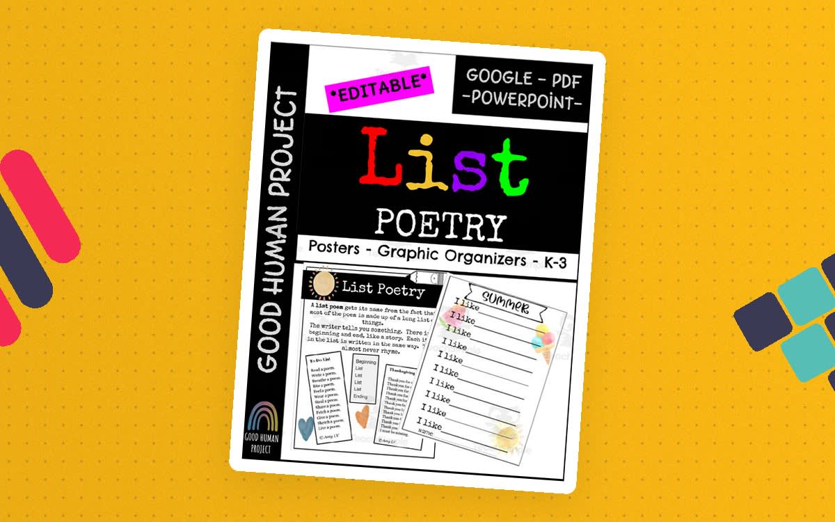 An educational teaching resource from Good Human Project entitled List Poetry Writing | Posters & Graphic Organizers downloadable at Teach Simple.