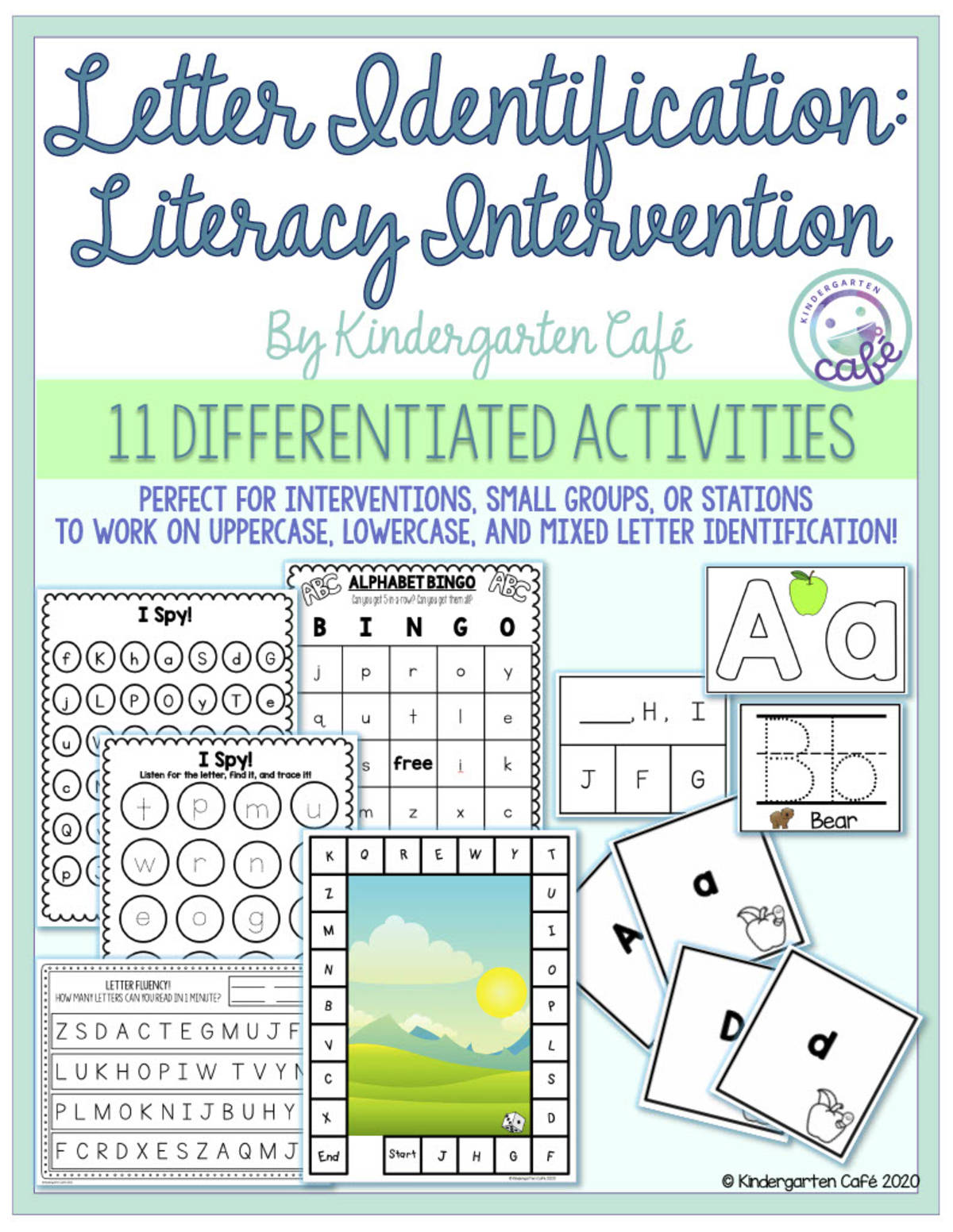 An educational teaching resource from Kindergarten Cafe entitled Literacy Intervention Packet: Letter Identification Activities | Differentiated Alphabet Support downloadable at Teach Simple.