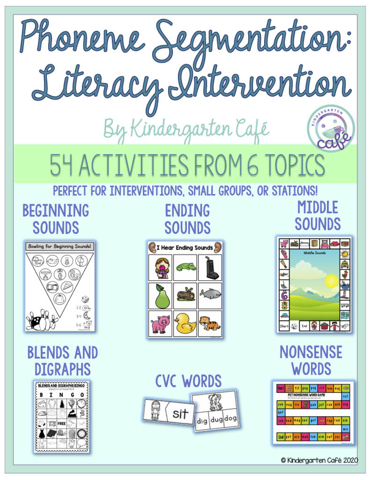 An educational teaching resource from Kindergarten Cafe entitled Literacy Intervention Packet: Phoneme Segmentation | Differentiated Activities downloadable at Teach Simple.