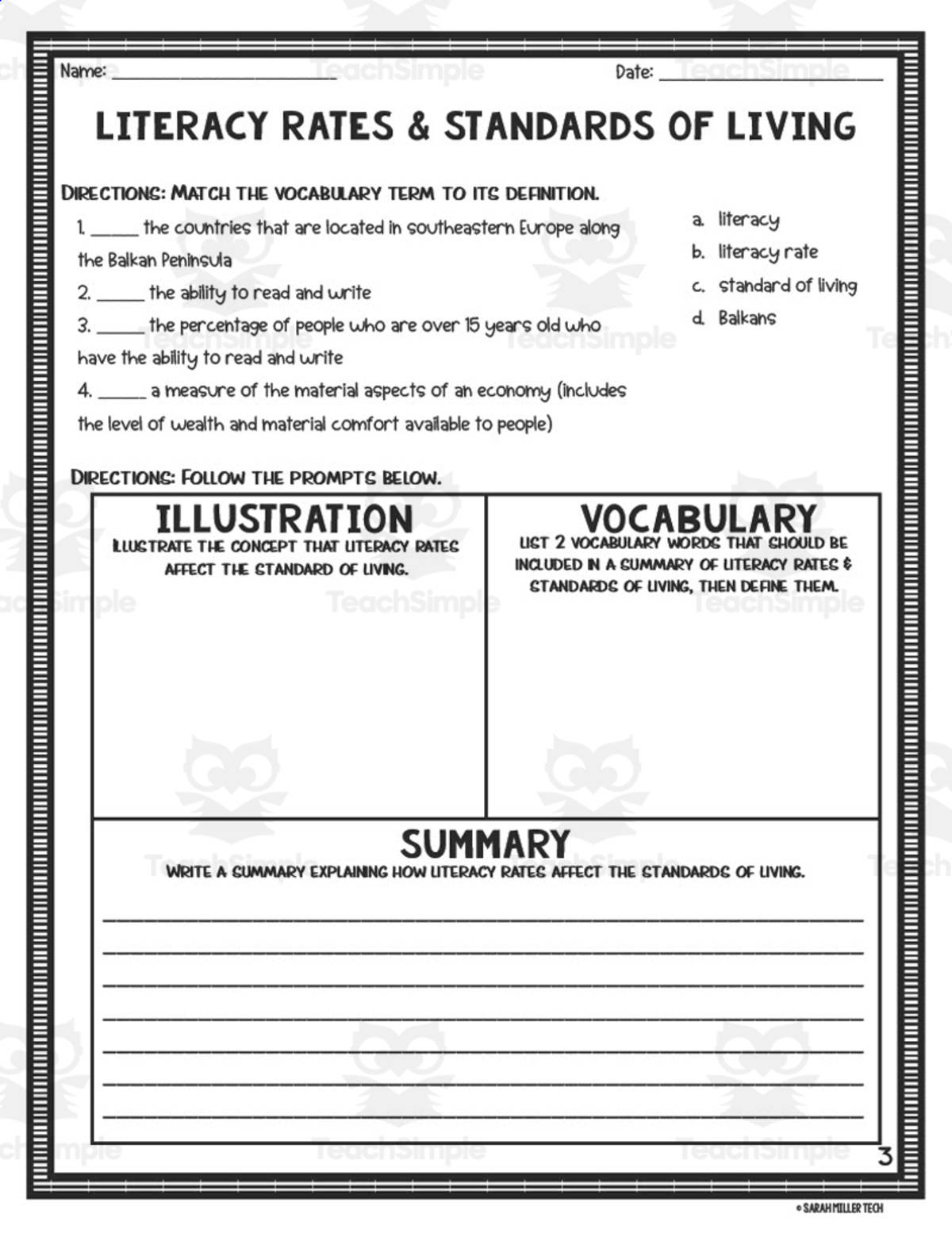 An educational teaching resource from Sarah Miller Tech entitled Literacy Rates + Standard of Living Reading Packet downloadable at Teach Simple.