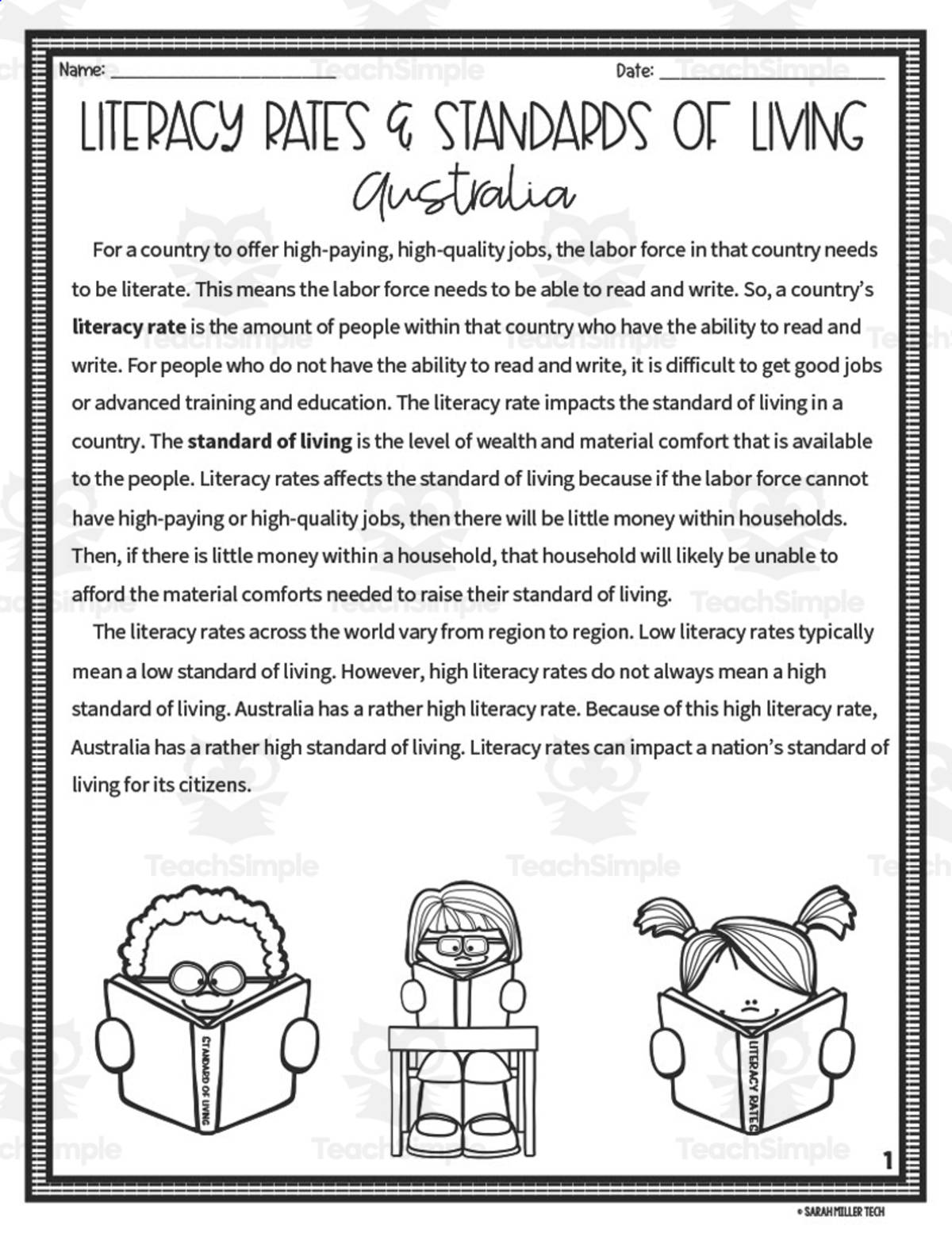 An educational teaching resource from Sarah Miller Tech entitled Literacy Rates + Standards of Living: Australia Reading Packet downloadable at Teach Simple.