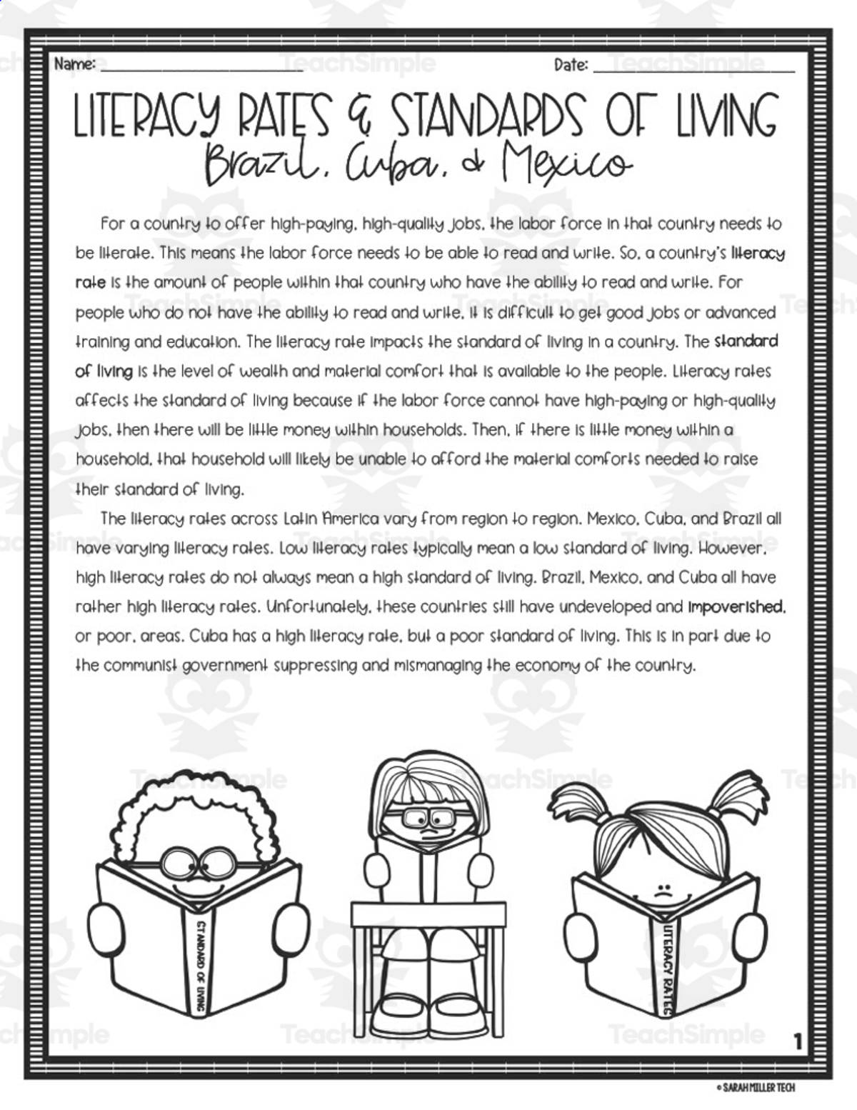 An educational teaching resource from Sarah Miller Tech entitled Literacy Rates + Standards of Living: Brazil, Cuba + Mexico Reading Packet downloadable at Teach Simple.