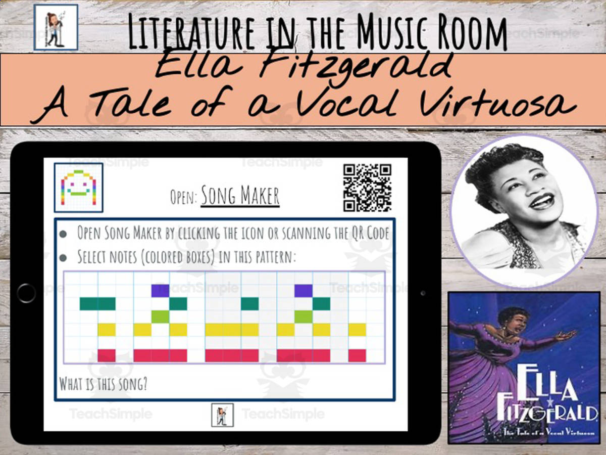 An educational teaching resource from Surdynski Sounds entitled Literature in the Music Room: Ella Fitzgerald | The Tale of a Vocal Virtuosa downloadable at Teach Simple.