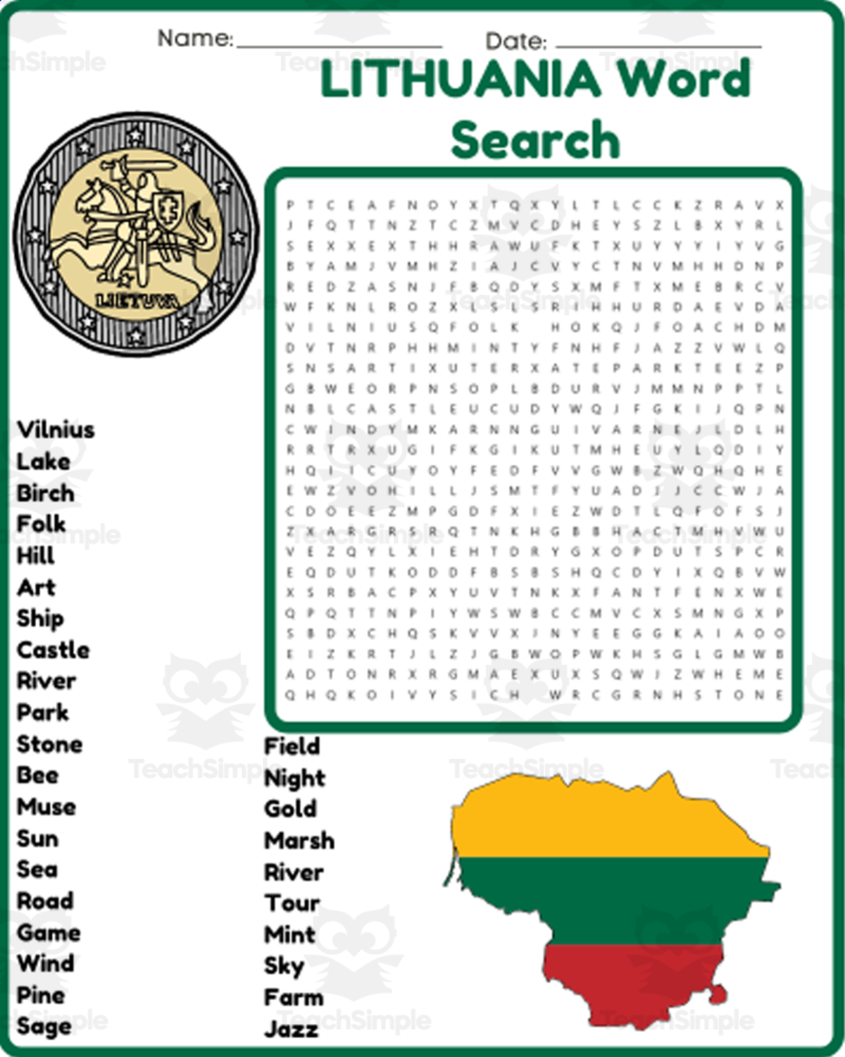 An educational teaching resource from space shope entitled LITHUANIA Word Search Puzzle Worksheet Activity downloadable at Teach Simple.