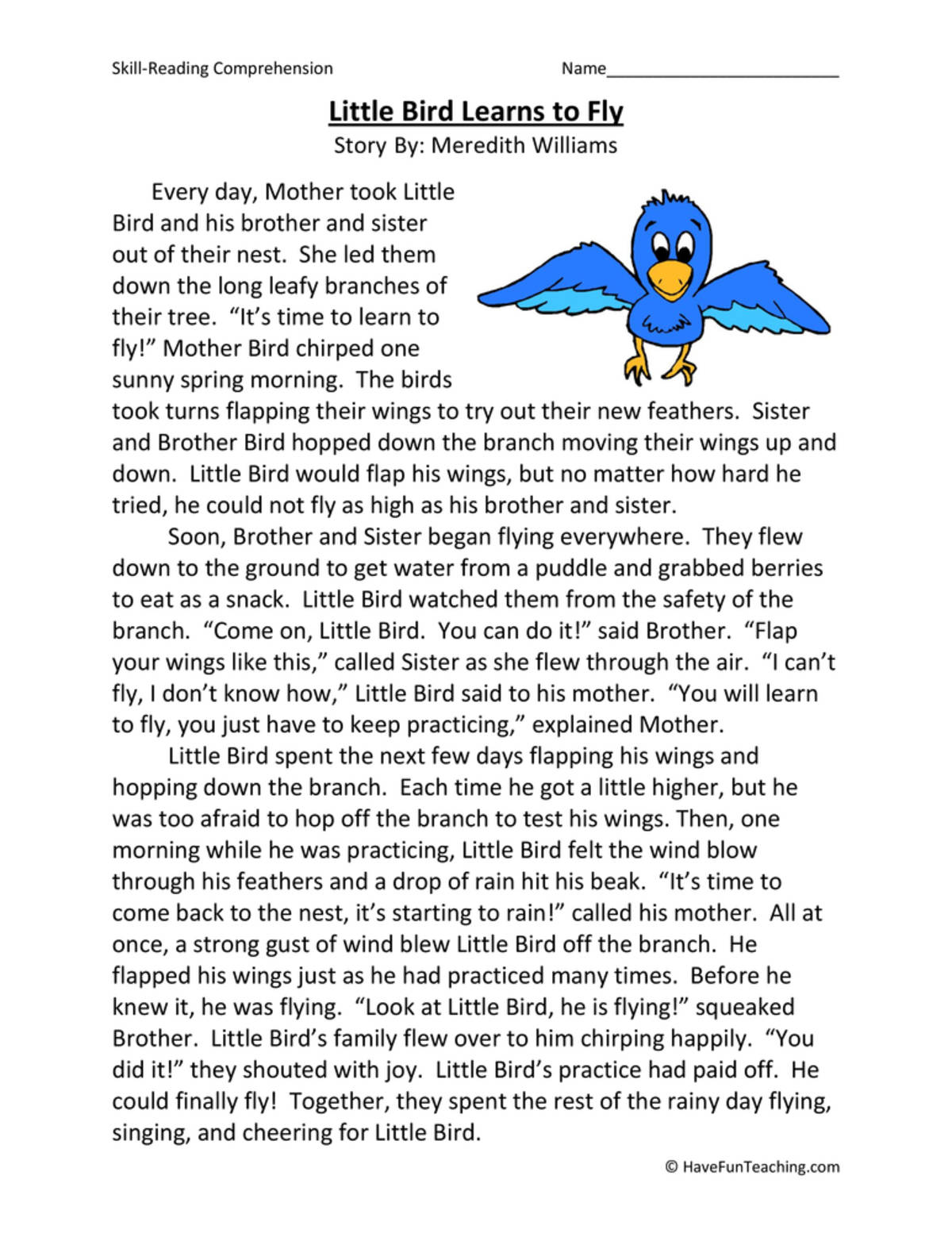An educational teaching resource from Have Fun Teaching entitled Little Bird Learns to Fly Reading Comprehension Worksheet downloadable at Teach Simple.