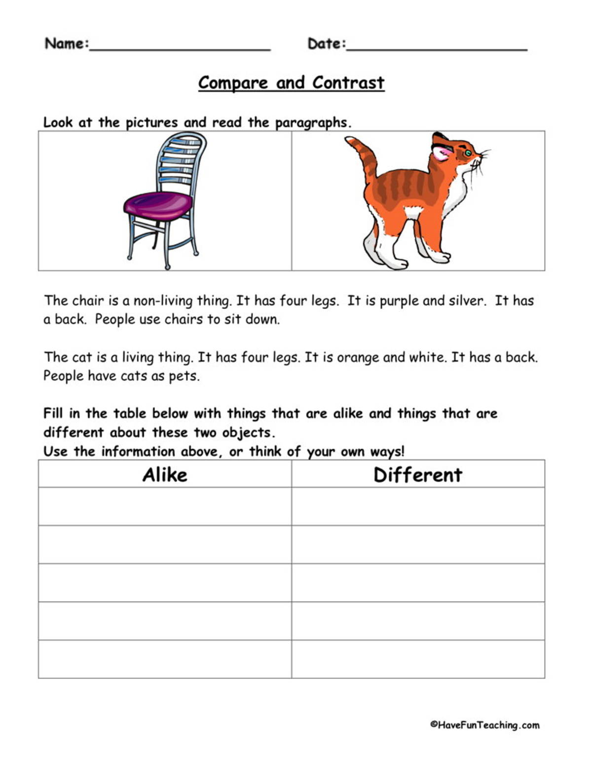 An educational teaching resource from Have Fun Teaching entitled Living and Non-Living Things Compare and Contrast Graphic Organizer downloadable at Teach Simple.