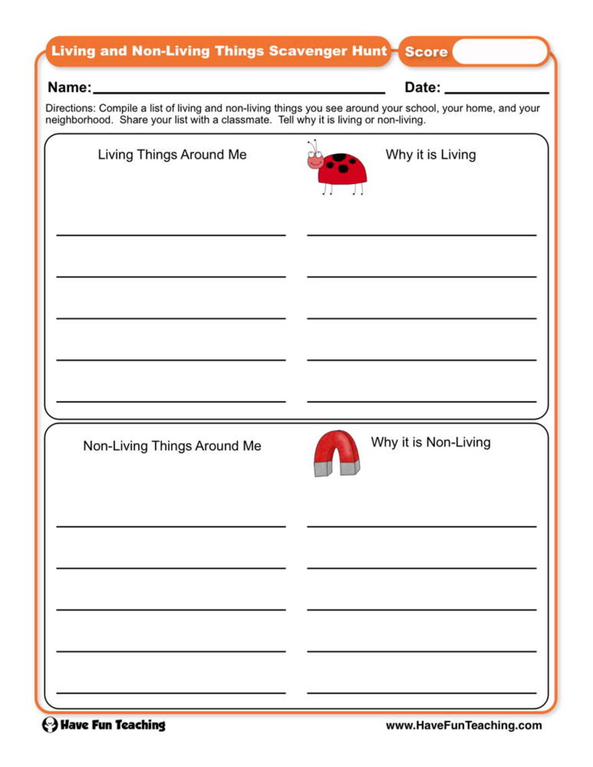An educational teaching resource from Have Fun Teaching entitled Living and Non-Living Things Scavenger Hunt Worksheet downloadable at Teach Simple.