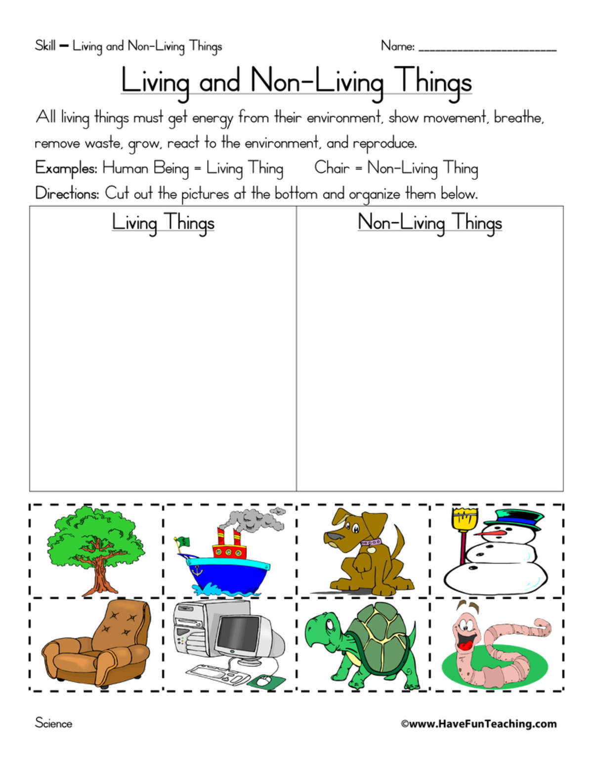 An educational teaching resource from Have Fun Teaching entitled Living and Non-Living Things Sort Worksheet downloadable at Teach Simple.