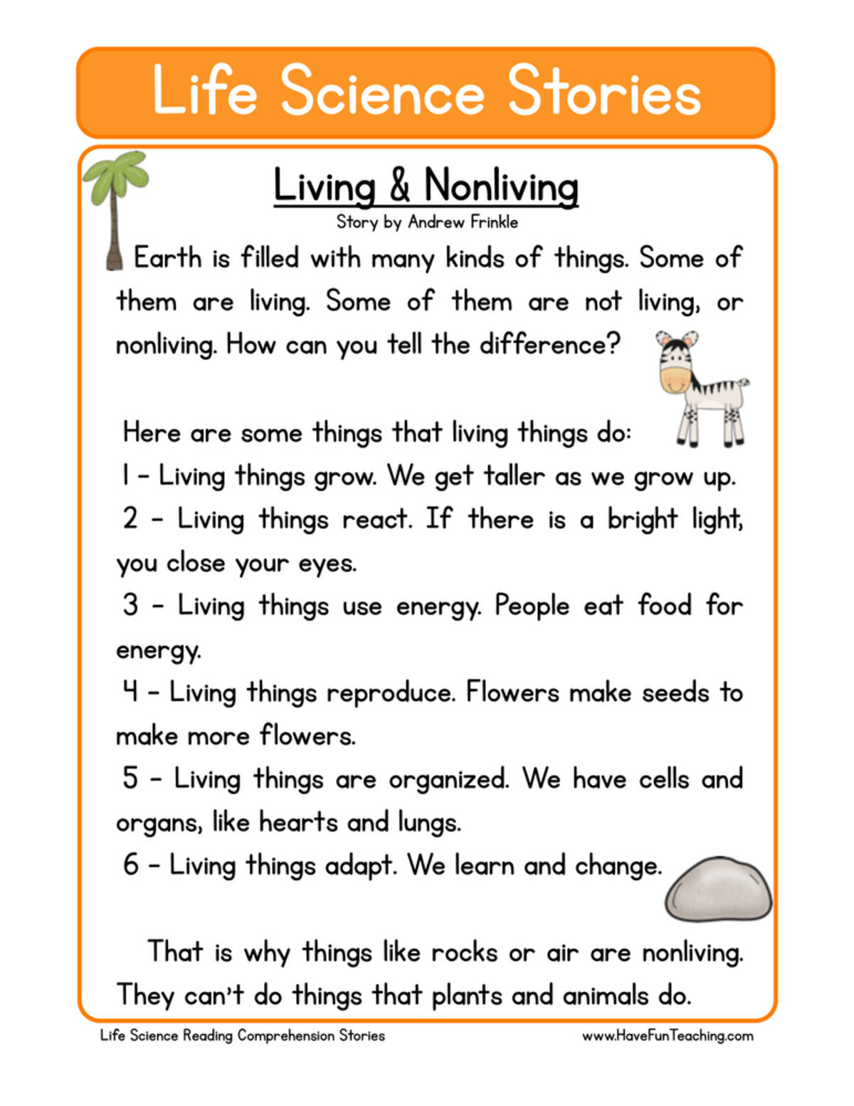 An educational teaching resource from Have Fun Teaching entitled Living and Nonliving Life Science Reading Comprehension Worksheet downloadable at Teach Simple.