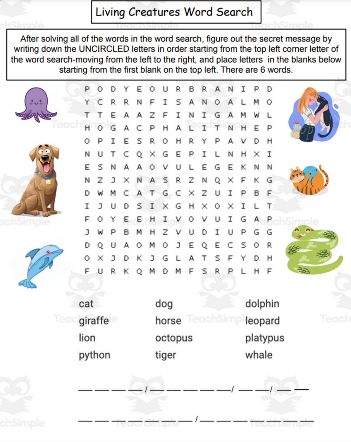 An educational teaching resource from Jennifer Moyer Taylor entitled Living Creatures Word Search downloadable at Teach Simple.