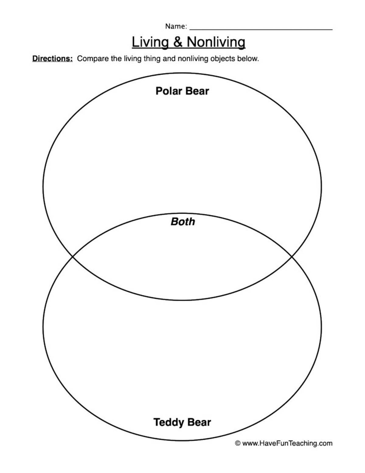 An educational teaching resource from Have Fun Teaching entitled Living Non-Living Venn Diagram Worksheet downloadable at Teach Simple.