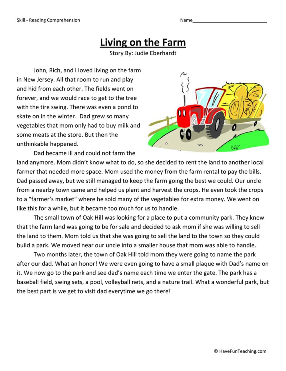 An educational teaching resource from Have Fun Teaching entitled Living On the Farm Reading Comprehension Worksheet downloadable at Teach Simple.