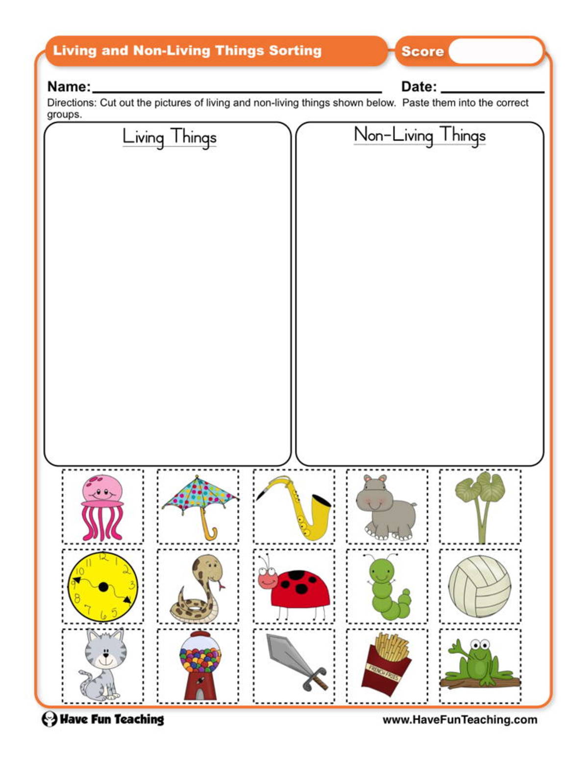 An educational teaching resource from Have Fun Teaching entitled Living Things and Non Living Things Sorting Worksheet downloadable at Teach Simple.