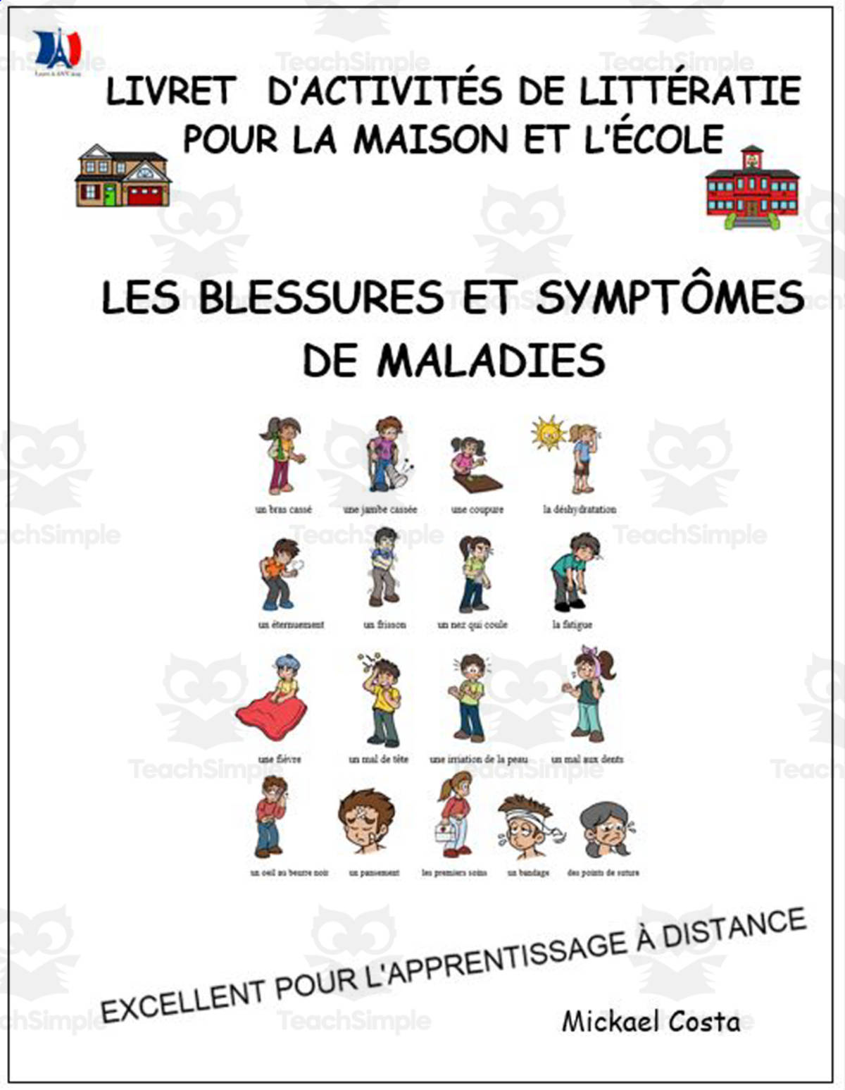 An educational teaching resource from Learn it ANY way entitled Livret d’activités de littératie et vocabulaire: Les blessures et les symptomes de maladies downloadable at Teach Simple.
