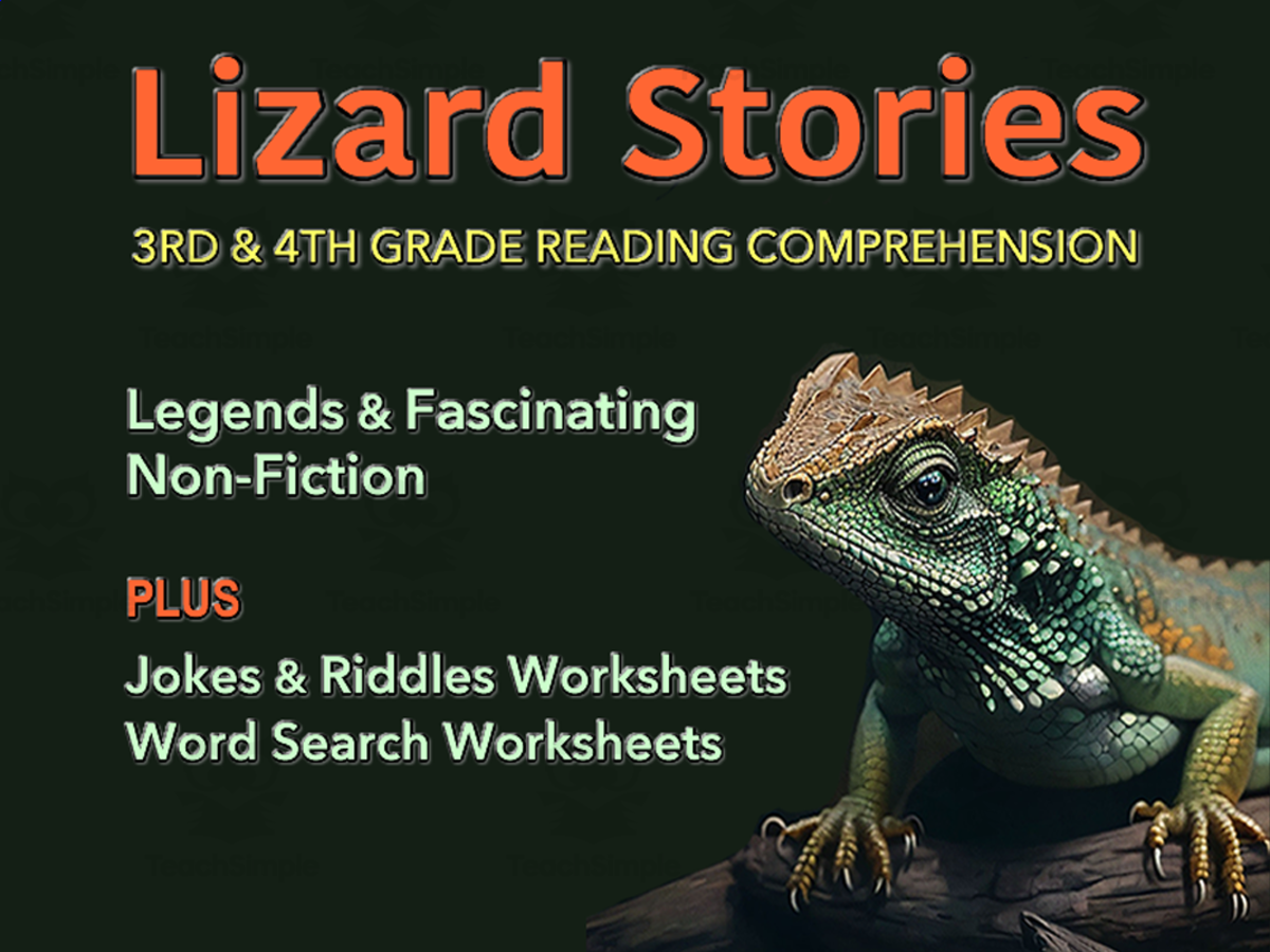 An educational teaching resource from WorksheetsPlus entitled Lizard Stories Reading Comprehension and Fun Worksheets for 3rd Grade downloadable at Teach Simple.