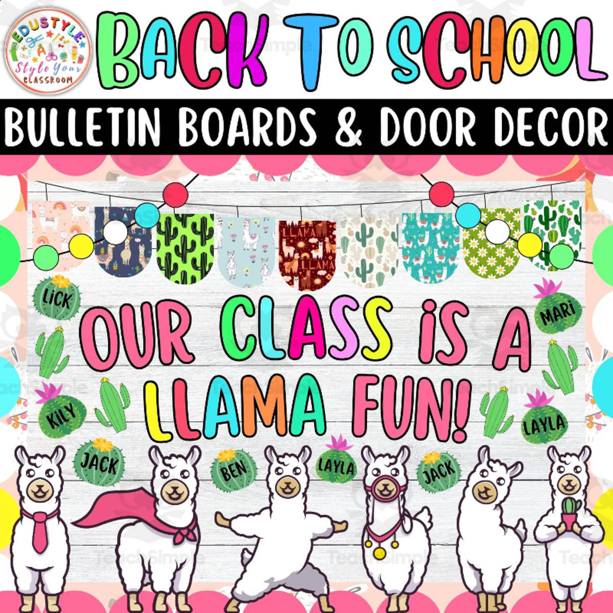 An educational teaching resource from Style Your Classroom entitled Llama Back To School Bulletin board or door Decor kit: LLAMA fun! downloadable at Teach Simple.