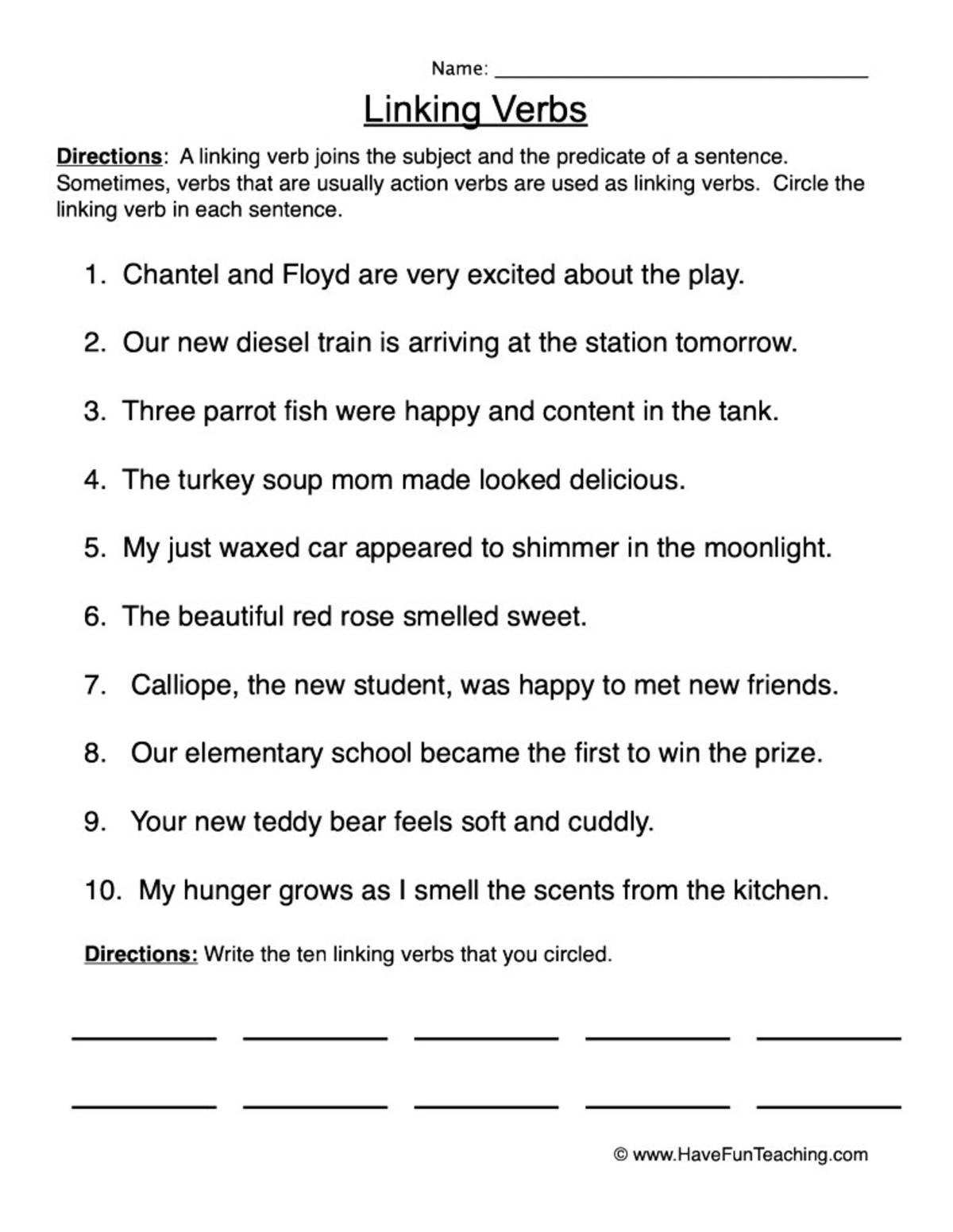 An educational teaching resource from Have Fun Teaching entitled Locating Linking Verbs Worksheet downloadable at Teach Simple.