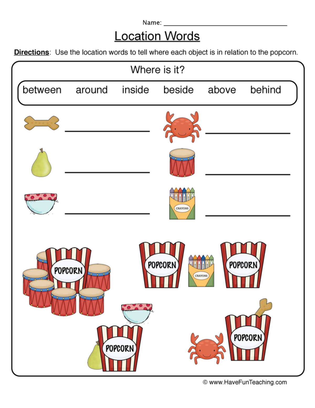 An educational teaching resource from Have Fun Teaching entitled Location Words Worksheet downloadable at Teach Simple.