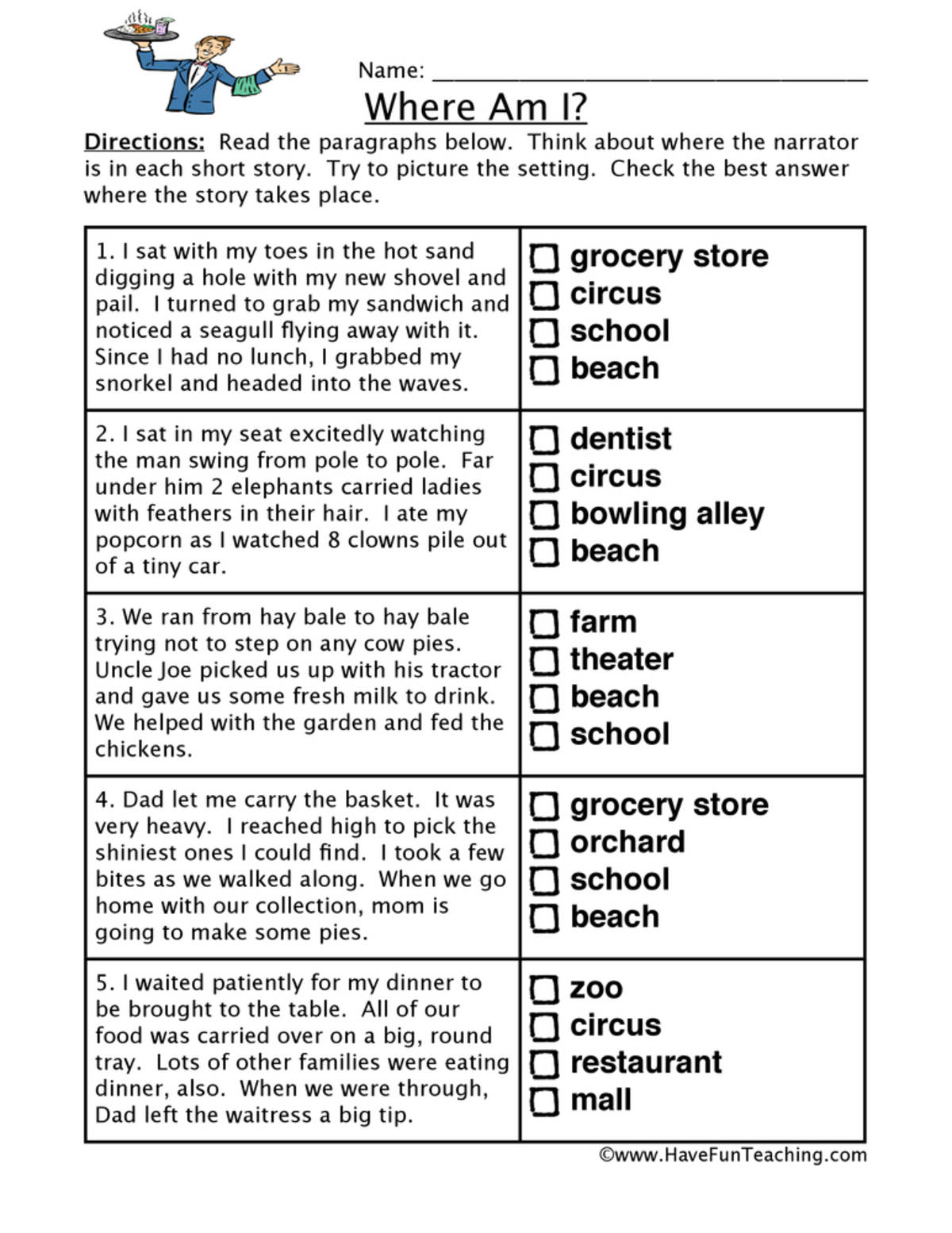 An educational teaching resource from Have Fun Teaching entitled Locations Inferences Worksheet downloadable at Teach Simple.