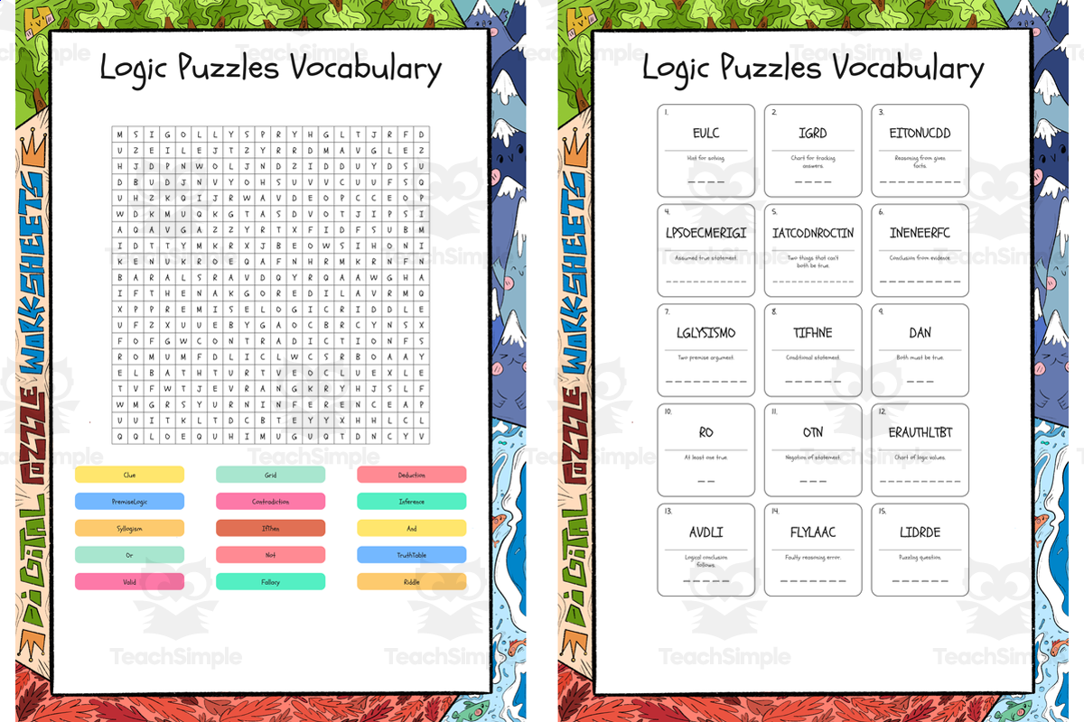 An educational teaching resource from Lapiiin Art Activities entitled Logic Puzzles Vocabulary word search, scramble and crossword puzzle downloadable at Teach Simple.