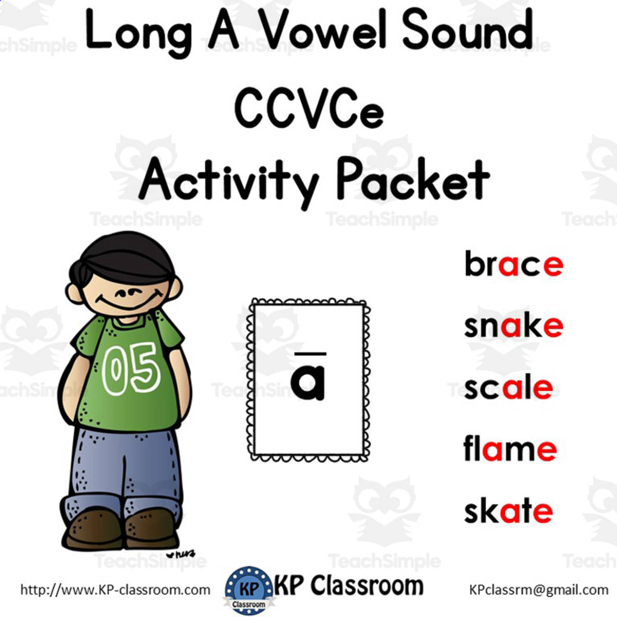An educational teaching resource from KP Classroom entitled Long A CCVCe Vowel Sound Activity Packet and Worksheets downloadable at Teach Simple.