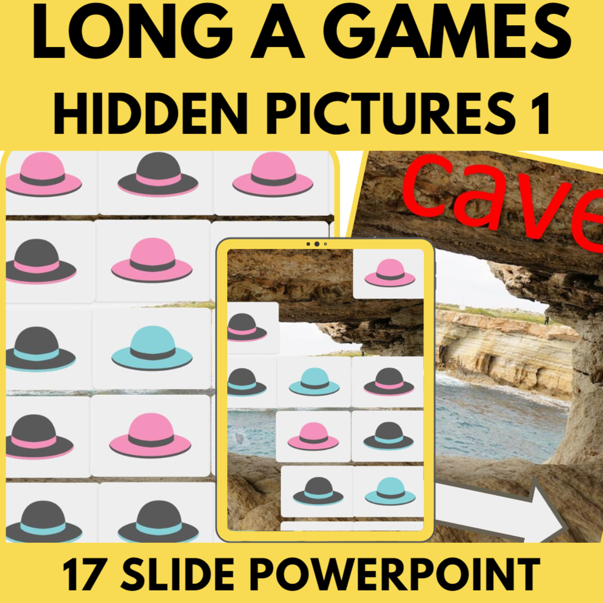 An educational teaching resource from Cored Education entitled Long A: Letters Phonics Games and Activities - Hidden Pictures 1 (PPT) downloadable at Teach Simple.