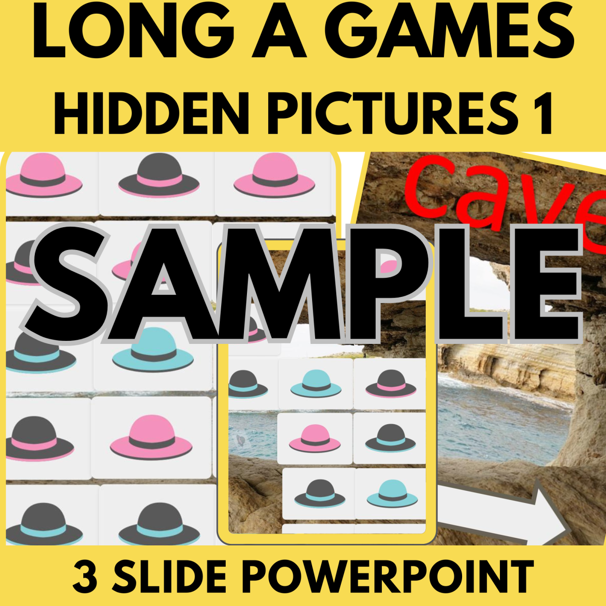 An educational teaching resource from Cored Education entitled Long A Sample: Letters Games and Activities - Hidden Pictures 1 (PPT) downloadable at Teach Simple.