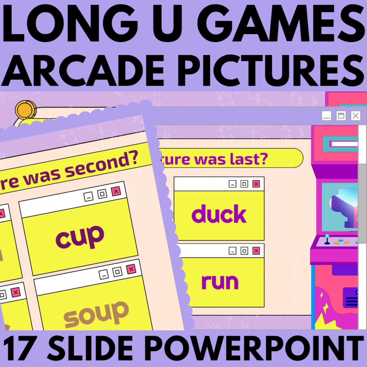 An educational teaching resource from Cored Education entitled Long and Short U: Letters Phonics Games and Activities Arcade Pictures downloadable at Teach Simple.