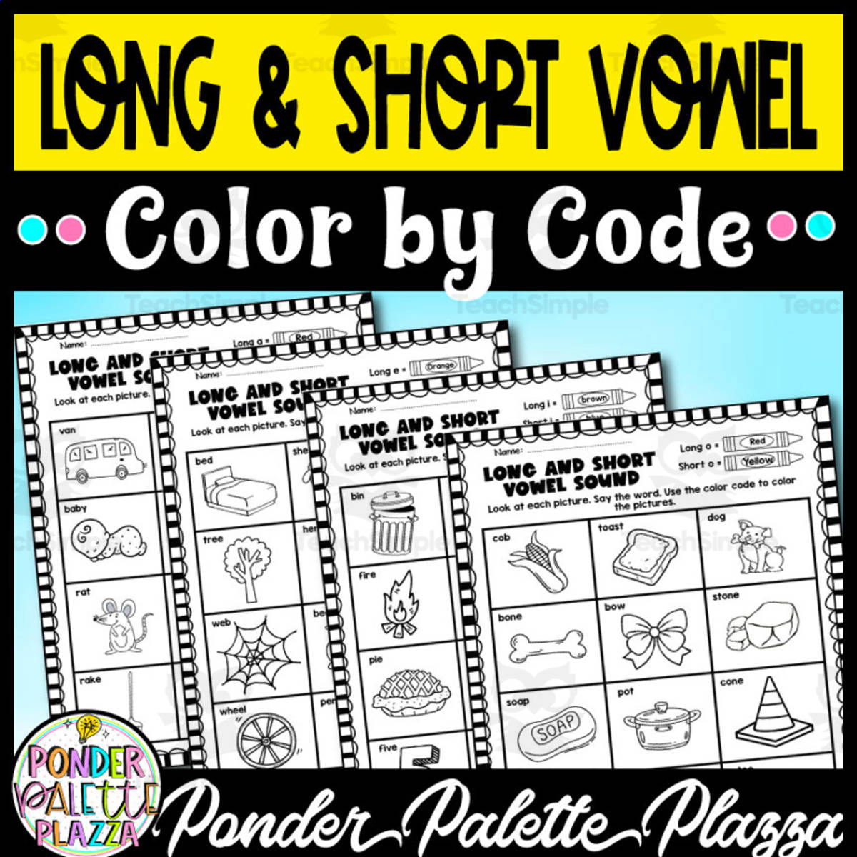 An educational teaching resource from Ponder Palette Plazza entitled Long and Short Vowel Sound - Color by Code downloadable at Teach Simple.