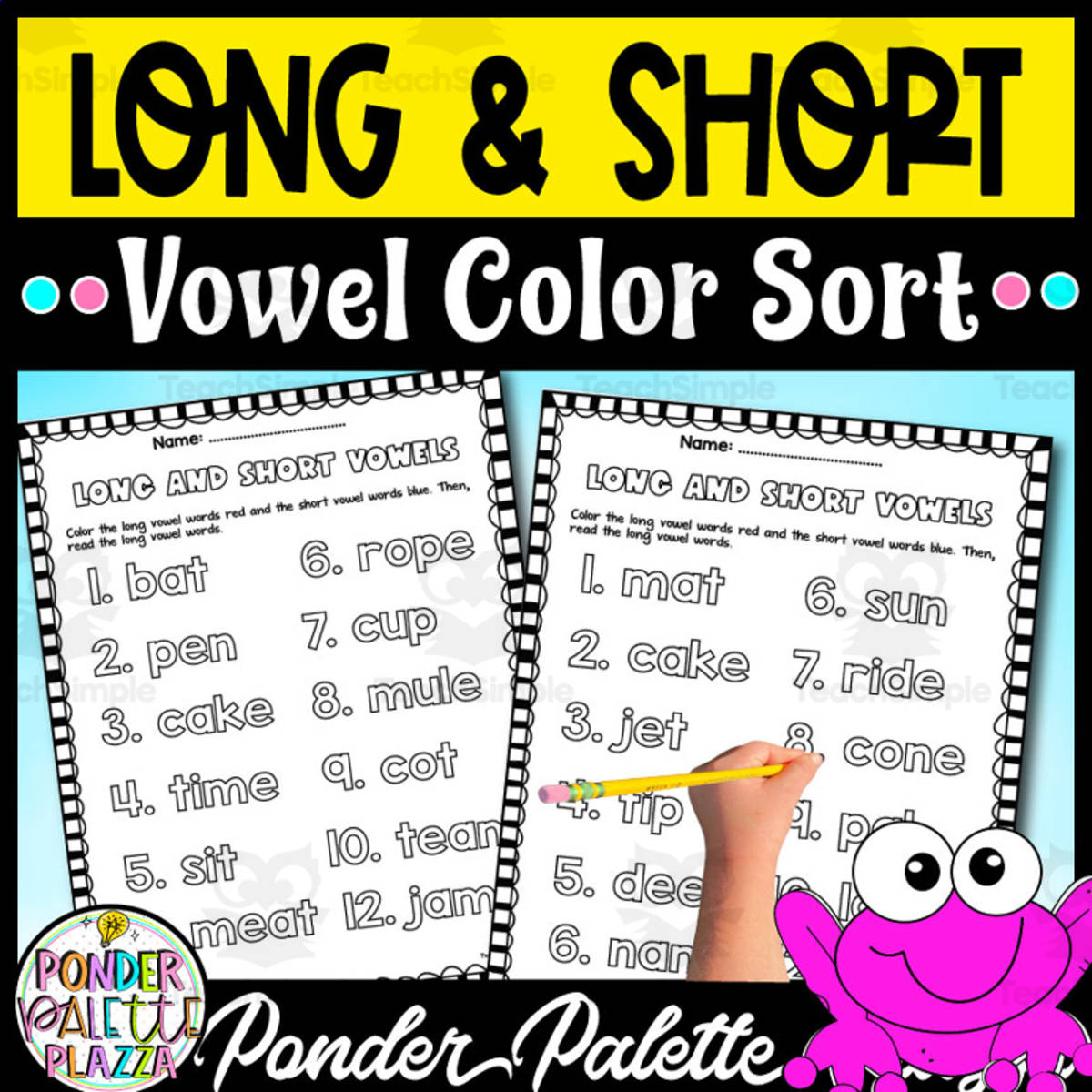 An educational teaching resource from Ponder Palette Plazza entitled Long and Short Vowel Worksheets - Vowel Color Sort downloadable at Teach Simple.