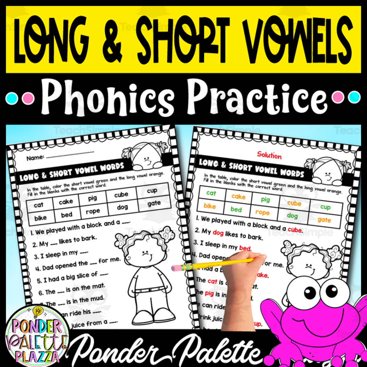 An educational teaching resource from Ponder Palette Plazza entitled Long and Short Vowels Activity downloadable at Teach Simple.