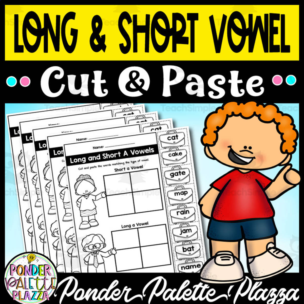 An educational teaching resource from Ponder Palette Plazza entitled Long and Short Vowels – Cut and Paste Sort downloadable at Teach Simple.