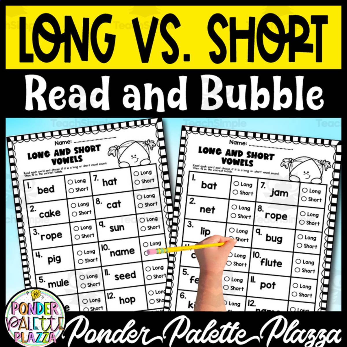 An educational teaching resource from Ponder Palette Plazza entitled Long and short vowels Sounds downloadable at Teach Simple.