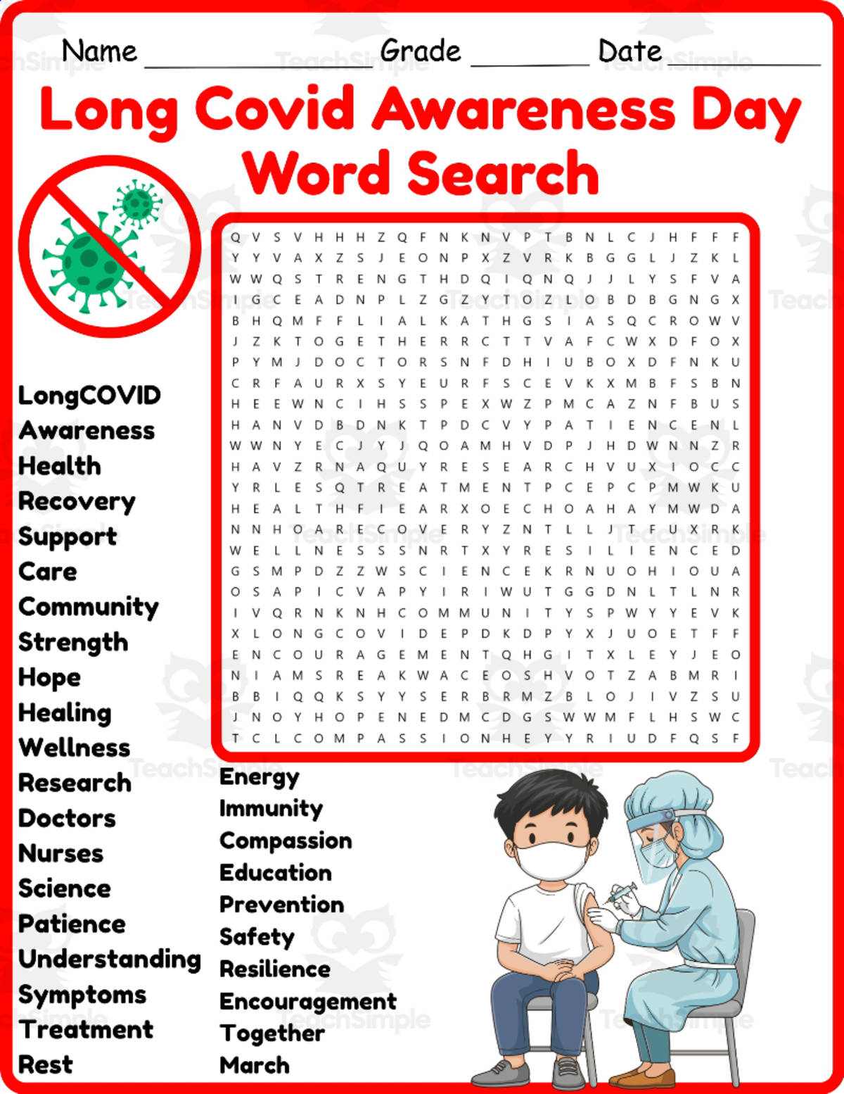 An educational teaching resource from Classsimple entitled Long Covid Awareness Day Word Search 2nd 3rd 4th 5th Grade Worksheet downloadable at Teach Simple.