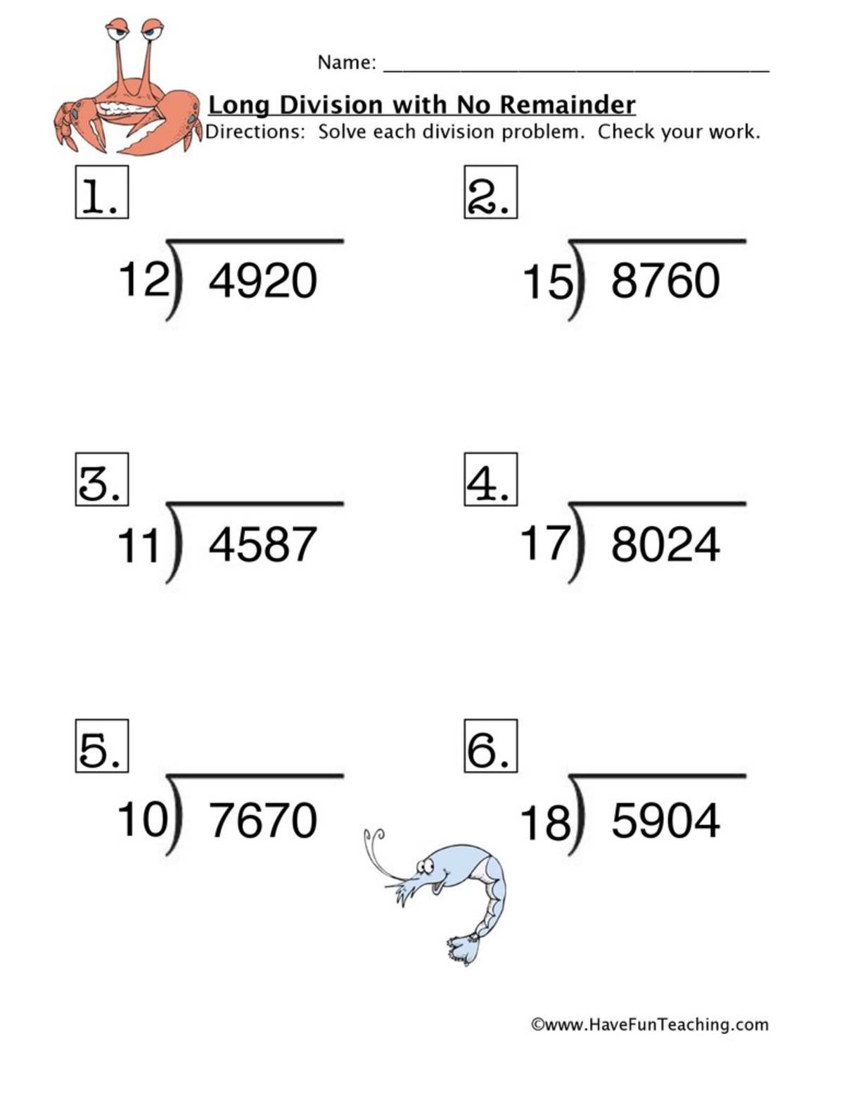 An educational teaching resource from Have Fun Teaching entitled Long Division No Remainders Worksheet downloadable at Teach Simple.
