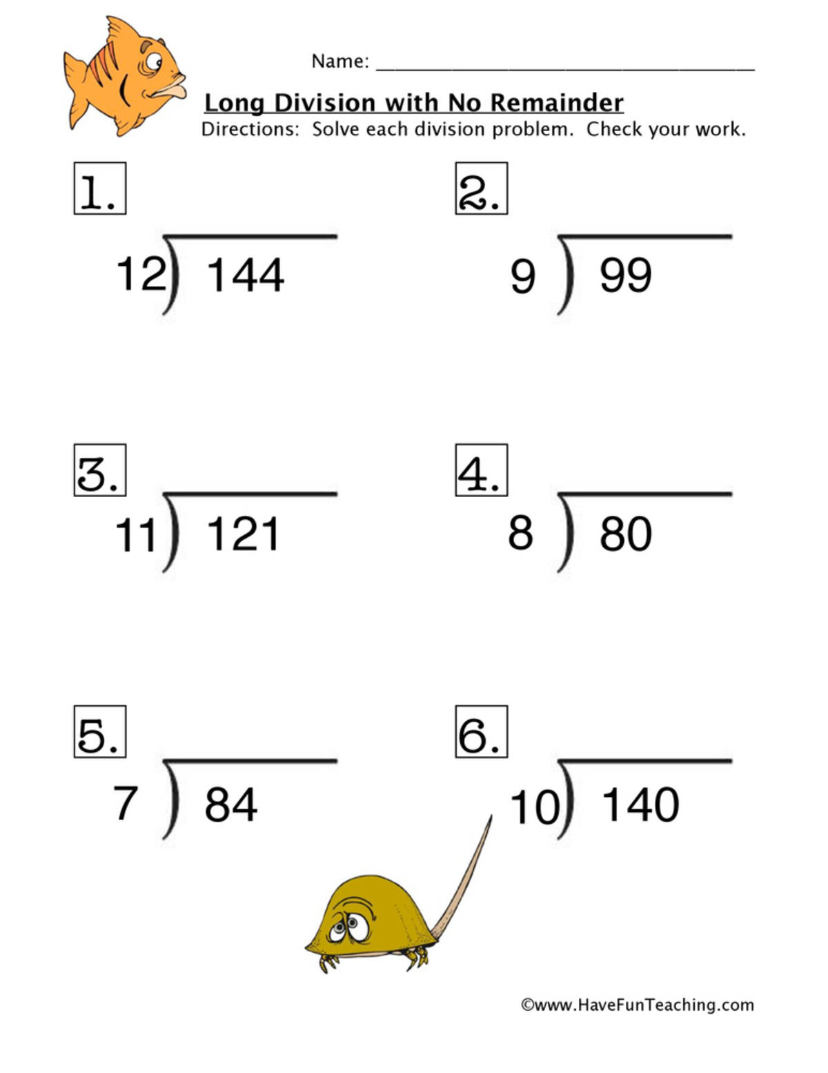 An educational teaching resource from Have Fun Teaching entitled Long Division Problems No Remainder Worksheet downloadable at Teach Simple.