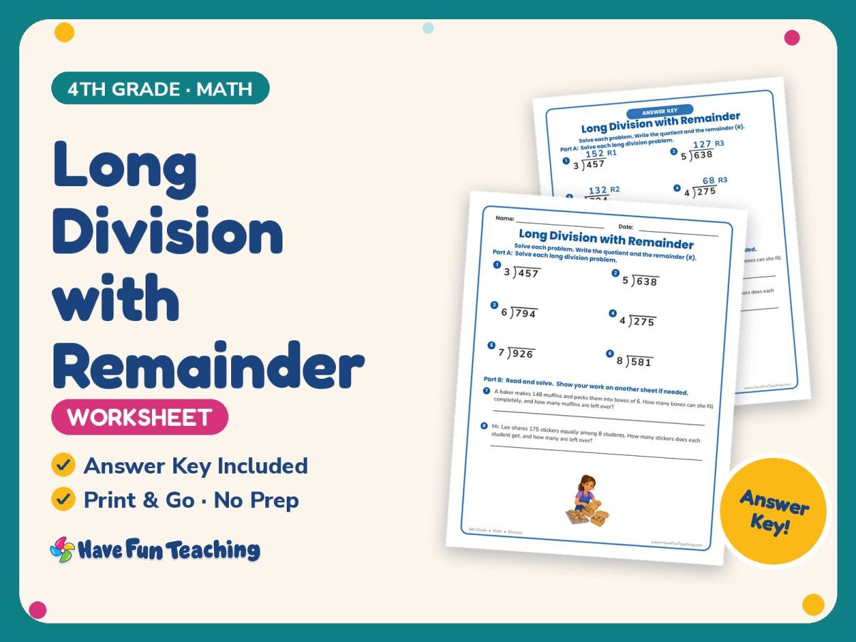 Long Division with Remainder Worksheet – 4th Grade Math Practice preview