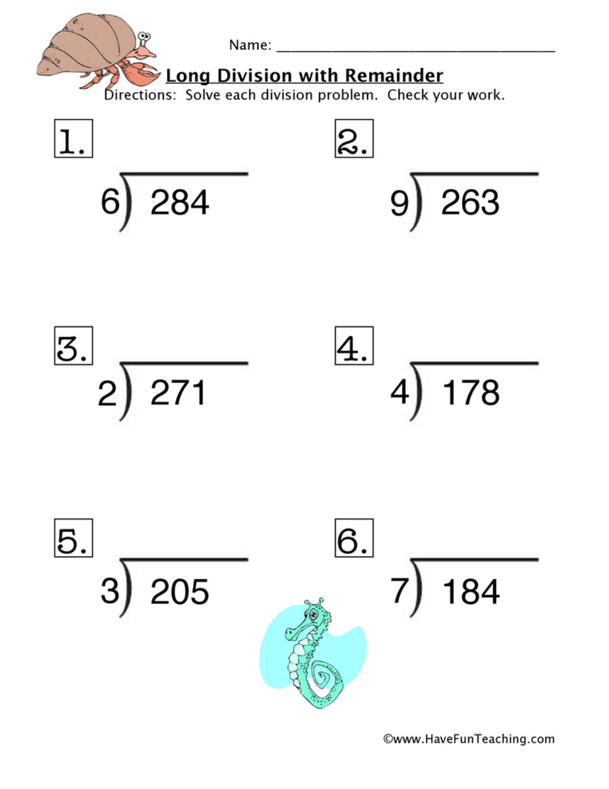 An educational teaching resource from Have Fun Teaching entitled Long Division with Remainders Worksheet downloadable at Teach Simple.