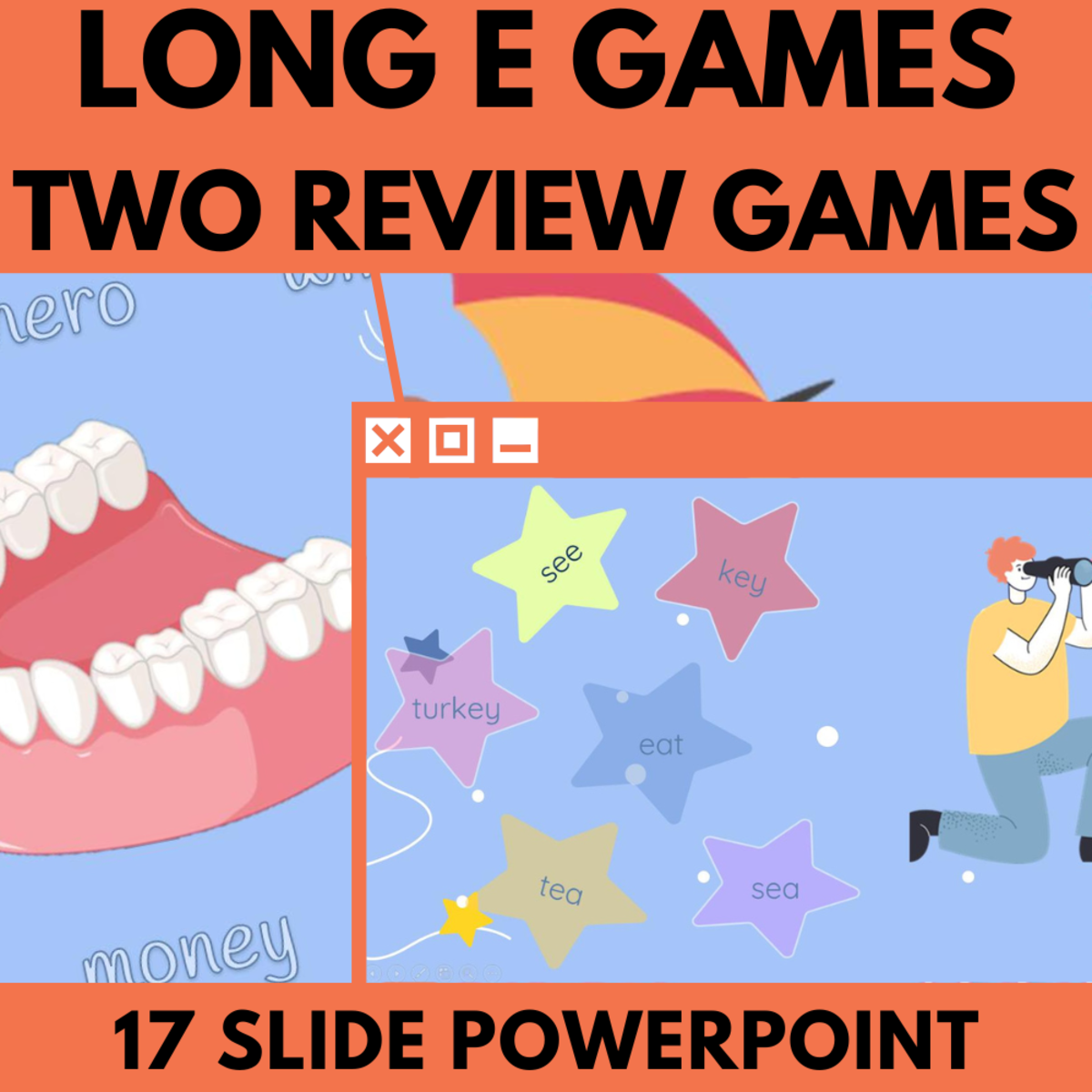 An educational teaching resource from Cored Education entitled Long E: Letters Phonics Games and Activities - Two Review Games downloadable at Teach Simple.