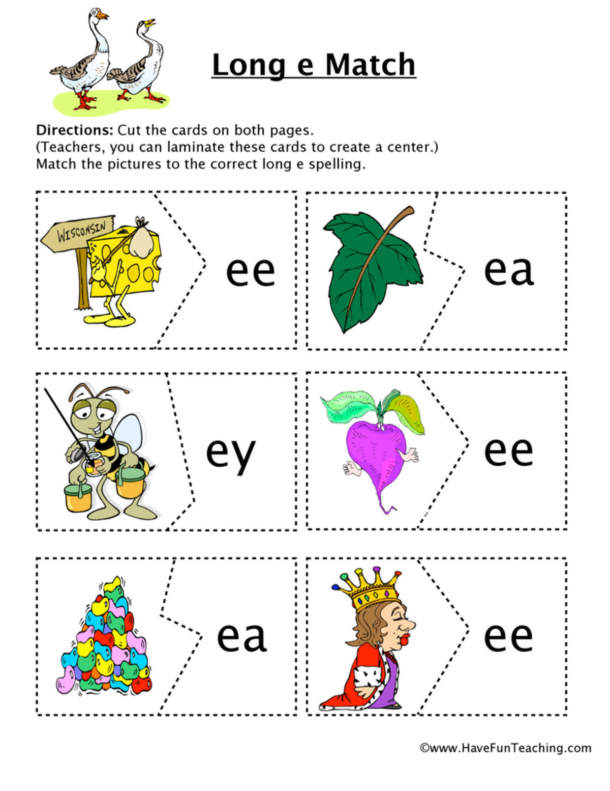An educational teaching resource from Have Fun Teaching entitled Long E Matching Puzzle downloadable at Teach Simple.