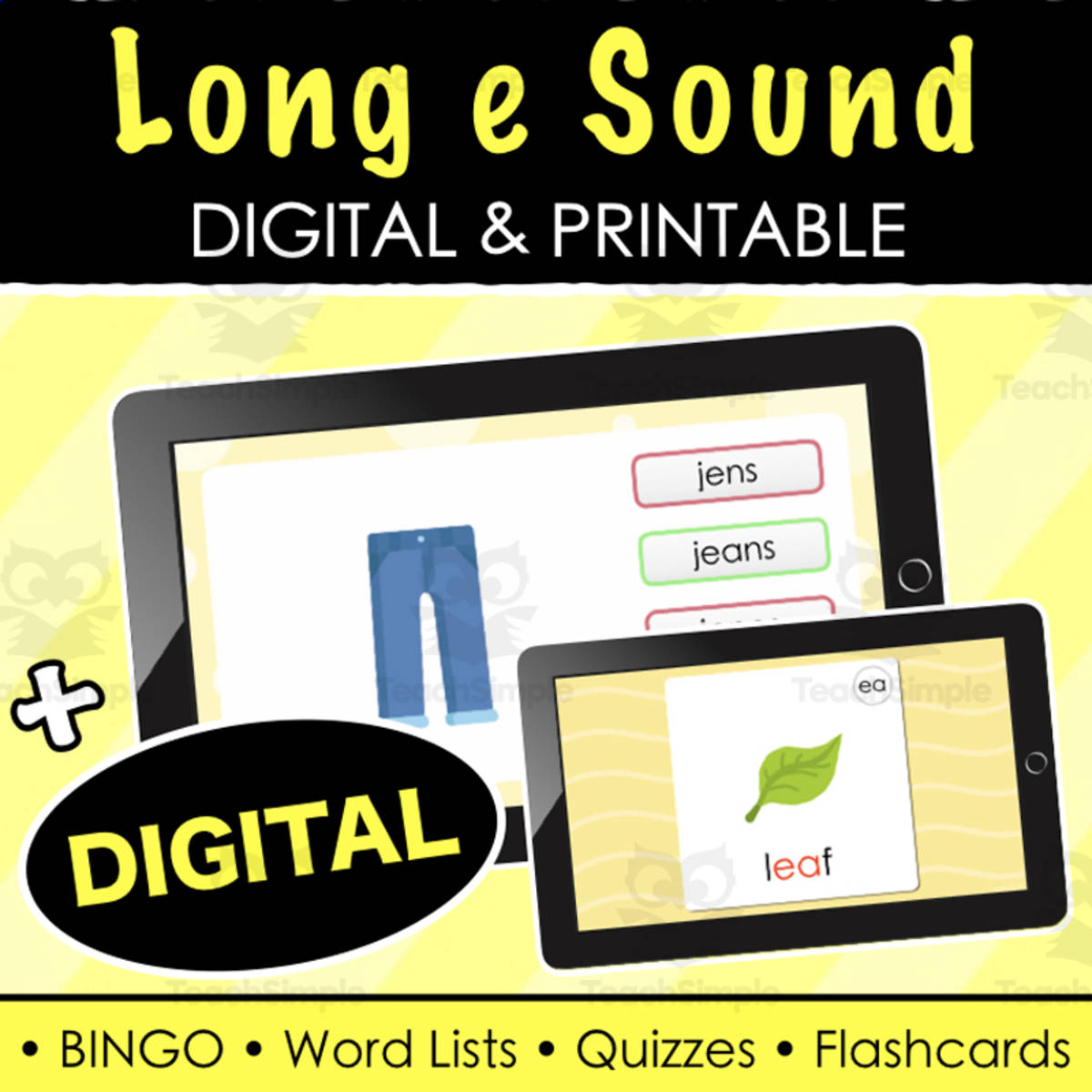An educational teaching resource from Tom's Talk entitled Long e Sound - Digital Quiz, Digital Flash Cards, Word Lists and Quizzes downloadable at Teach Simple.